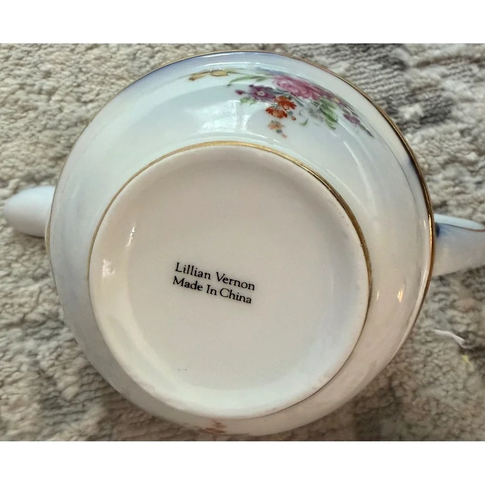 Lillian Vernon Tea for One Set Teapot Cup Saucer Cobalt Blue Floral Gold Trim